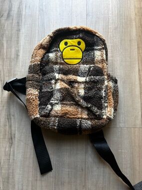 Plush Plaid Backpack with Yellow Ape Patch
